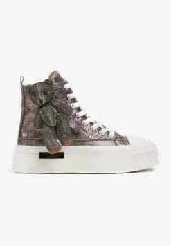 Srebrne Metaliczne Trampki za Kostkę na Grubej Podeszwie z Aplikacją w Kształcie Misia Ivarina