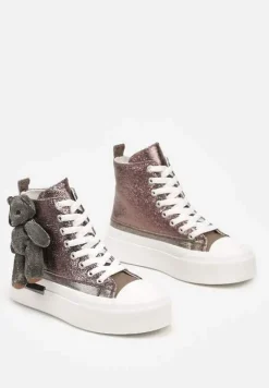 Srebrne Metaliczne Trampki za Kostkę na Grubej Podeszwie z Aplikacją w Kształcie Misia Ivarina