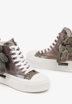 Srebrne Metaliczne Trampki za Kostkę na Grubej Podeszwie z Aplikacją w Kształcie Misia Ivarina