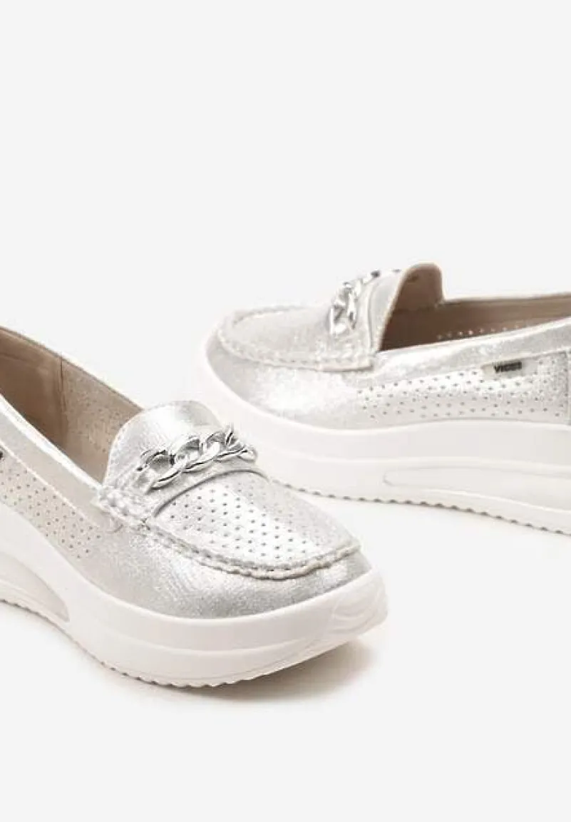 Srebrne Mokasyny na Platformie z Łańcuszkiem Himenna