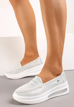 Srebrne Mokasyny z Ekozamszu na Platformie Ozdobione Paseczkiem Adrancia