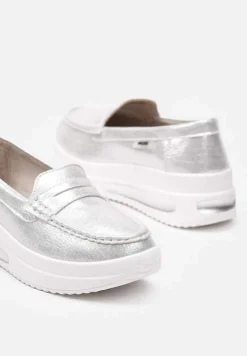 Srebrne Mokasyny z Ekozamszu na Platformie Ozdobione Paseczkiem Adrancia
