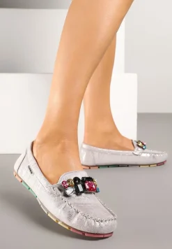 Srebrne Mokasyny z Wkładką ze Skóry Naturalnej i Cyrkoniami Zimora