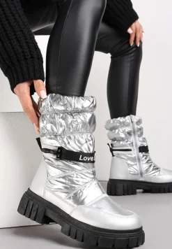 Srebrne Śniegowce Pikowane z Dekoracyjnym Suwakiem Manya