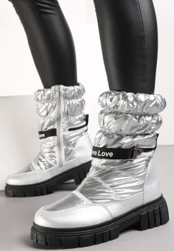 Srebrne Śniegowce Pikowane z Dekoracyjnym Suwakiem Manya