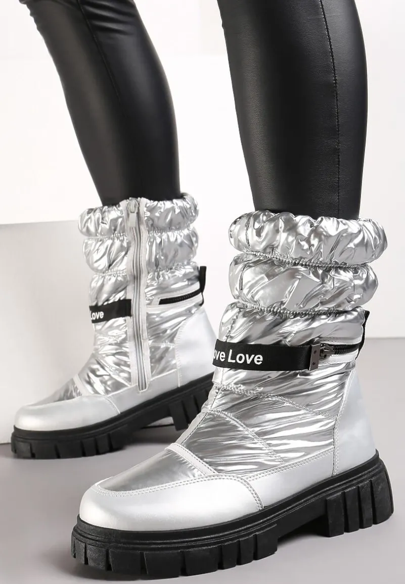 Srebrne Śniegowce Pikowane z Dekoracyjnym Suwakiem Manya