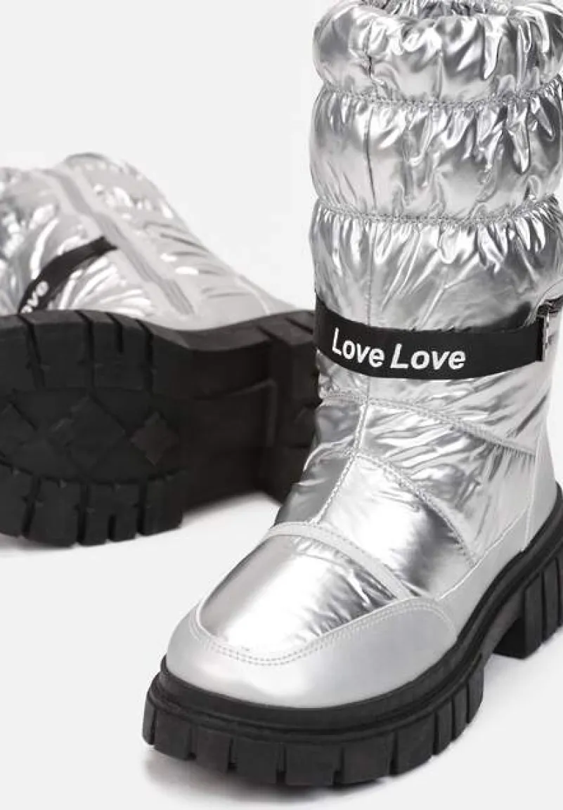 Srebrne Śniegowce Pikowane z Dekoracyjnym Suwakiem Manya