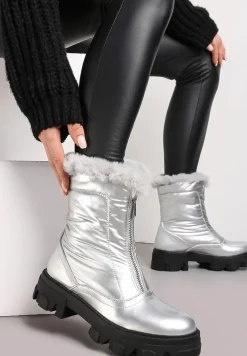 Srebrne Śniegowce z Lakierowanej Ekoskóry z Suwakiem i Futerkiem Cyrena