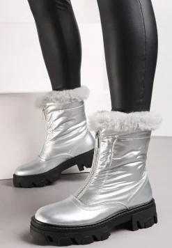 Srebrne Śniegowce z Lakierowanej Ekoskóry z Suwakiem i Futerkiem Cyrena