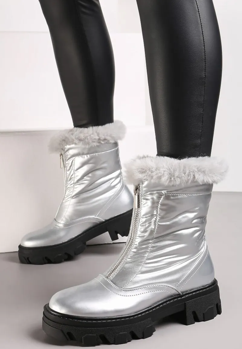 Srebrne Śniegowce z Lakierowanej Ekoskóry z Suwakiem i Futerkiem Cyrena