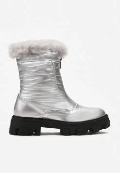 Srebrne Śniegowce z Lakierowanej Ekoskóry z Suwakiem i Futerkiem Cyrena