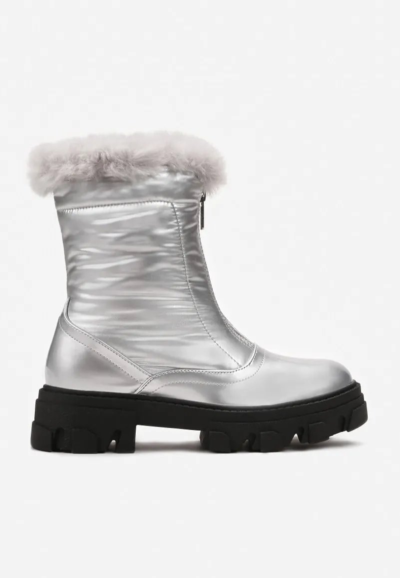 Srebrne Śniegowce z Lakierowanej Ekoskóry z Suwakiem i Futerkiem Cyrena