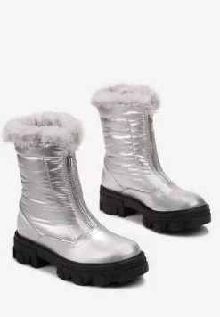 Srebrne Śniegowce z Lakierowanej Ekoskóry z Suwakiem i Futerkiem Cyrena