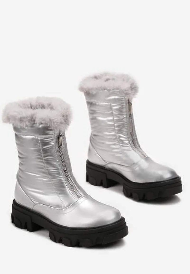 Srebrne Śniegowce z Lakierowanej Ekoskóry z Suwakiem i Futerkiem Cyrena