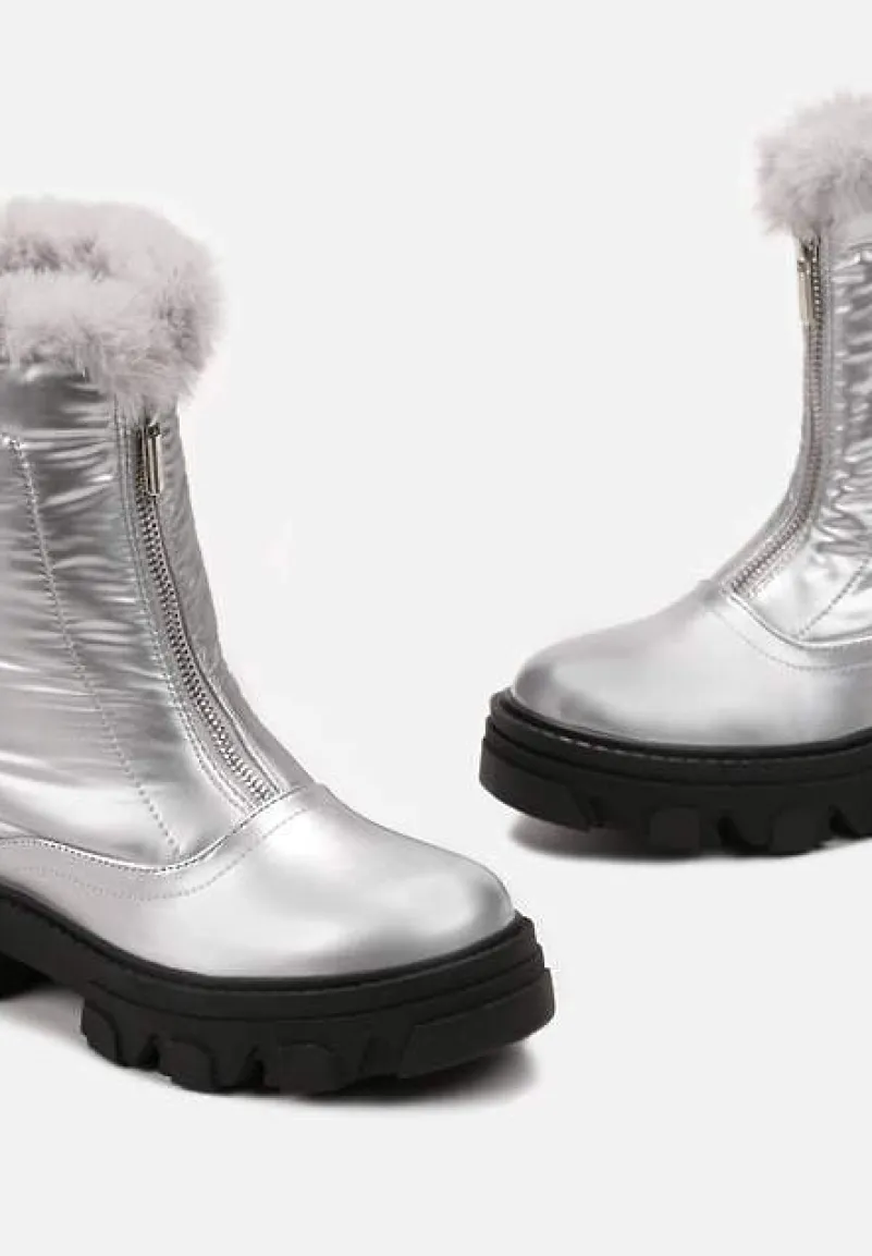 Srebrne Śniegowce z Lakierowanej Ekoskóry z Suwakiem i Futerkiem Cyrena