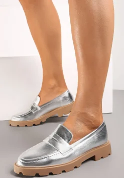 Srebrne Płaskie Mokasyny z Klasycznymi Przeszyciami Tyshell