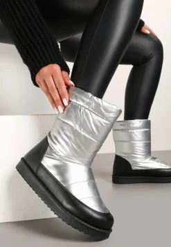 Srebrne Pikowane Śniegowce na Płaskiej Podeszwie Raviti