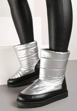 Srebrne Pikowane Śniegowce na Płaskiej Podeszwie Raviti