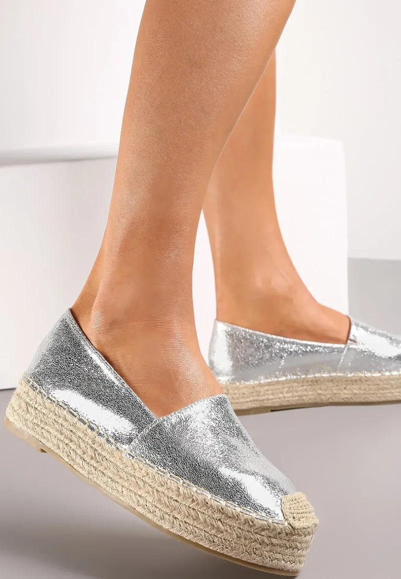 Srebrne Plecione Espadryle na Grubej Podeszwie z Lakierowaną Cholewką Noem