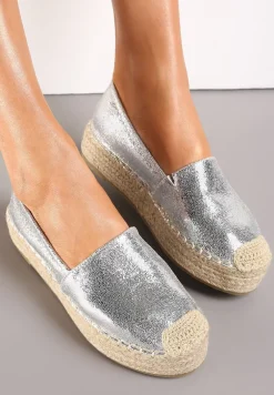 Srebrne Plecione Espadryle na Grubej Podeszwie z Lakierowaną Cholewką Noem