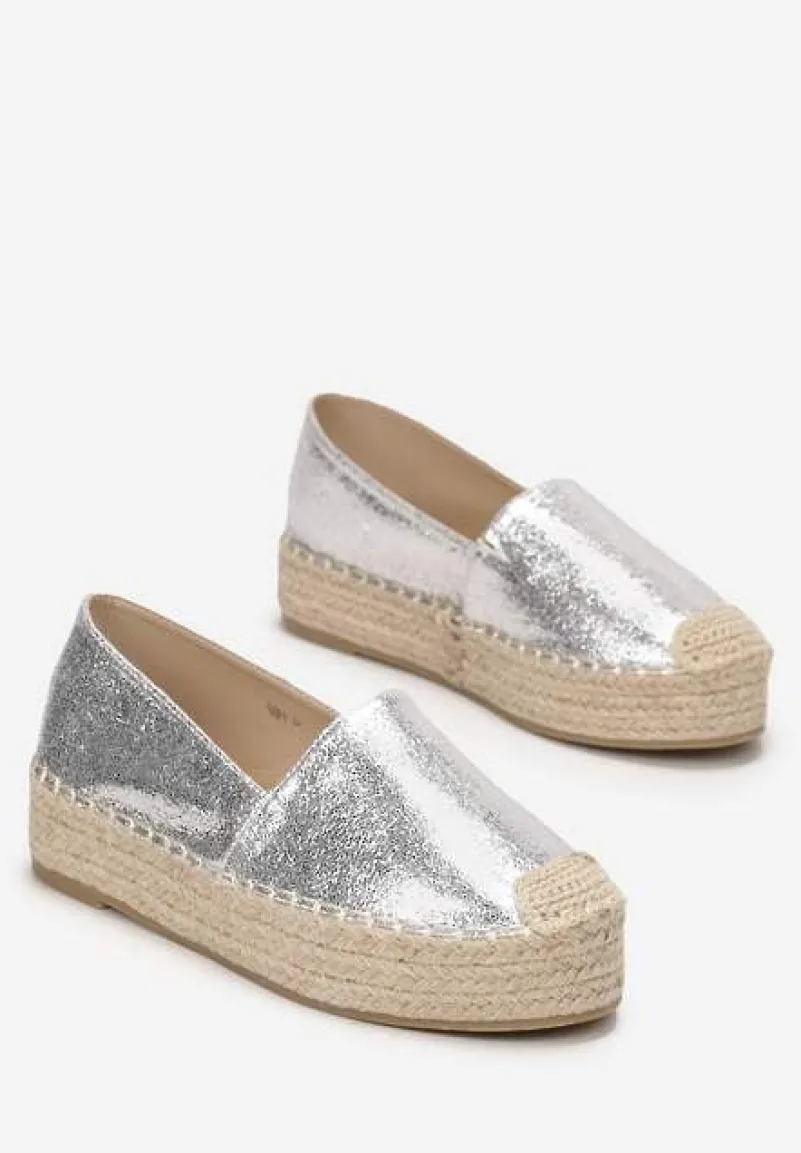Srebrne Plecione Espadryle na Grubej Podeszwie z Lakierowaną Cholewką Noem