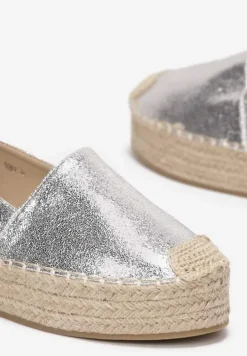 Srebrne Plecione Espadryle na Grubej Podeszwie z Lakierowaną Cholewką Noem