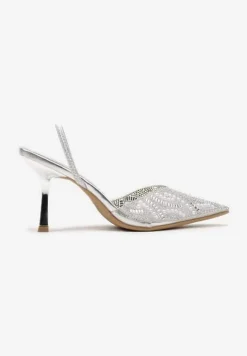 Srebrne Plecione Sandały Szpilki ze Szpiczastym Noskiem Zdobione Perłami Gonnara