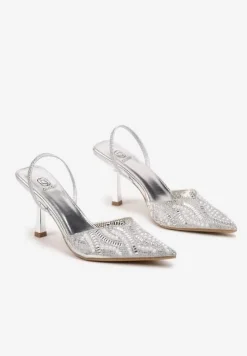 Srebrne Plecione Sandały Szpilki ze Szpiczastym Noskiem Zdobione Perłami Gonnara