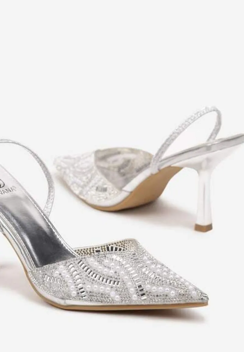 Srebrne Plecione Sandały Szpilki ze Szpiczastym Noskiem Zdobione Perłami Gonnara