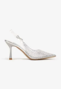 Srebrne Przezroczyste Sandały na Obcasie z Odkrytą Piętą i Cyrkoniami Neliri