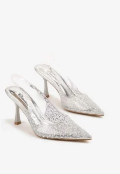 Srebrne Przezroczyste Sandały na Obcasie z Odkrytą Piętą i Cyrkoniami Neliri