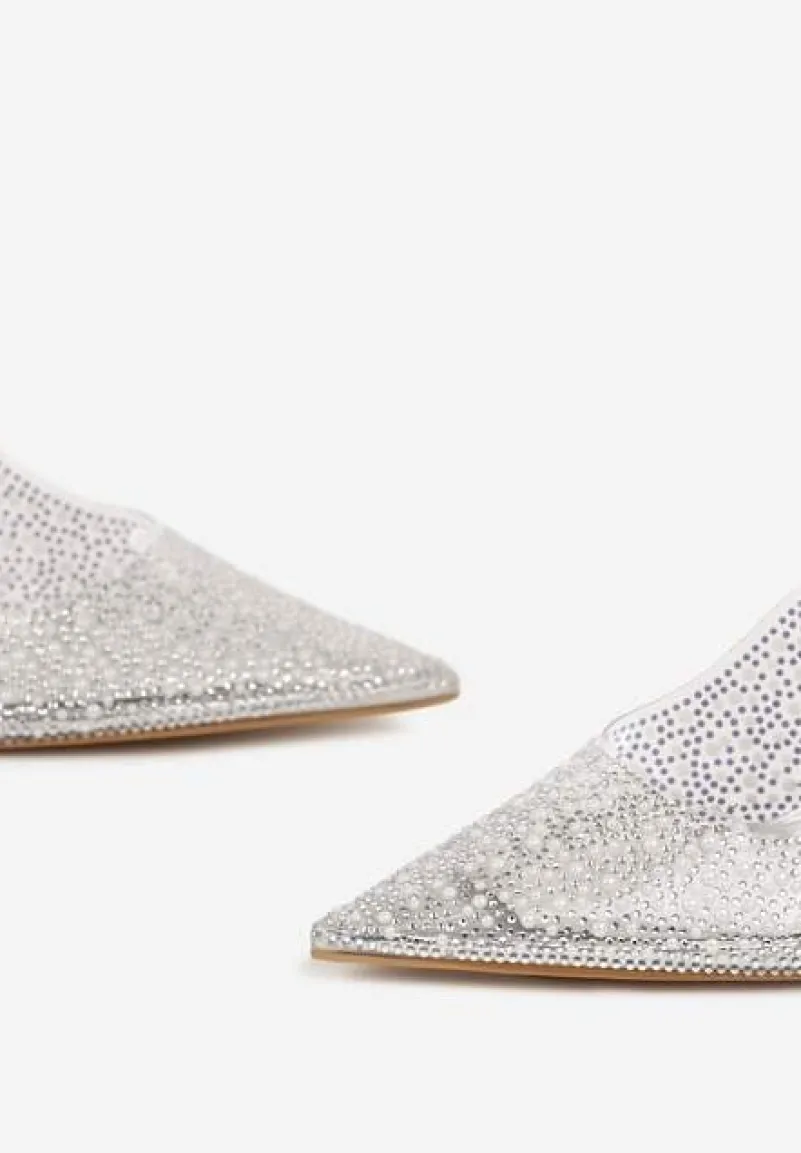 Srebrne Przezroczyste Sandały na Obcasie z Odkrytą Piętą i Cyrkoniami Neliri