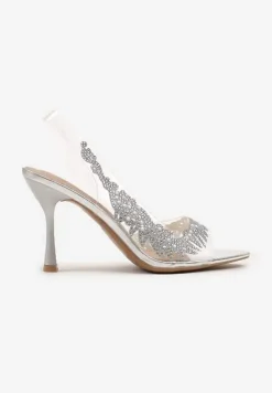 Srebrne Przezroczyste Sandały na Szpilce Vices ze Skórzaną Wkładką i Cyrkoniami Oviassa