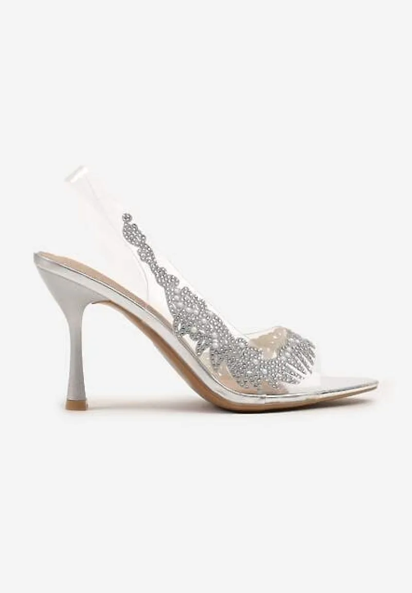 Srebrne Przezroczyste Sandały na Szpilce Vices ze Skórzaną Wkładką i Cyrkoniami Oviassa