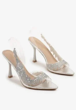 Srebrne Przezroczyste Sandały na Szpilce Vices ze Skórzaną Wkładką i Cyrkoniami Oviassa