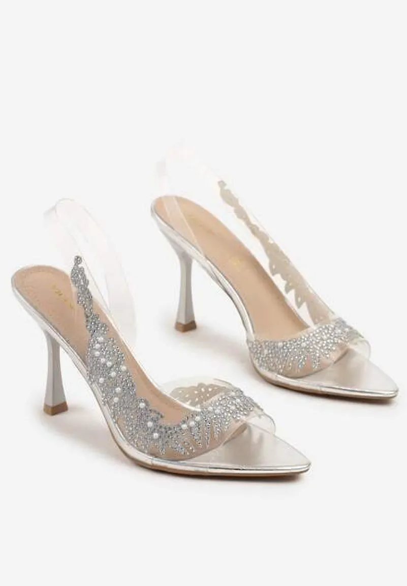 Srebrne Przezroczyste Sandały na Szpilce Vices ze Skórzaną Wkładką i Cyrkoniami Oviassa