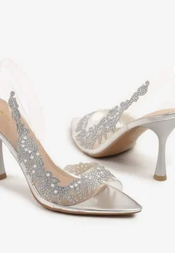 Srebrne Przezroczyste Sandały na Szpilce Vices ze Skórzaną Wkładką i Cyrkoniami Oviassa