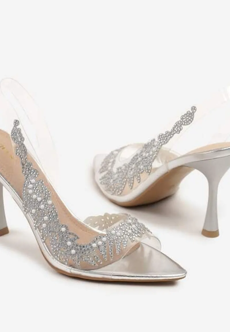 Srebrne Przezroczyste Sandały na Szpilce Vices ze Skórzaną Wkładką i Cyrkoniami Oviassa