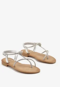 Srebrne Sandały Japonki na Płaskiej Podeszwie z Cyrkoniami na PaseczkachTessama