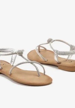 Srebrne Sandały Japonki na Płaskiej Podeszwie z Cyrkoniami na PaseczkachTessama