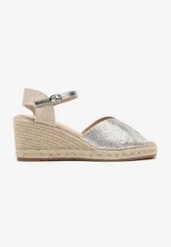 Srebrne Sandały na Koturnie Ozdobionym Plecionką Zapinane przy Kostce Elalou