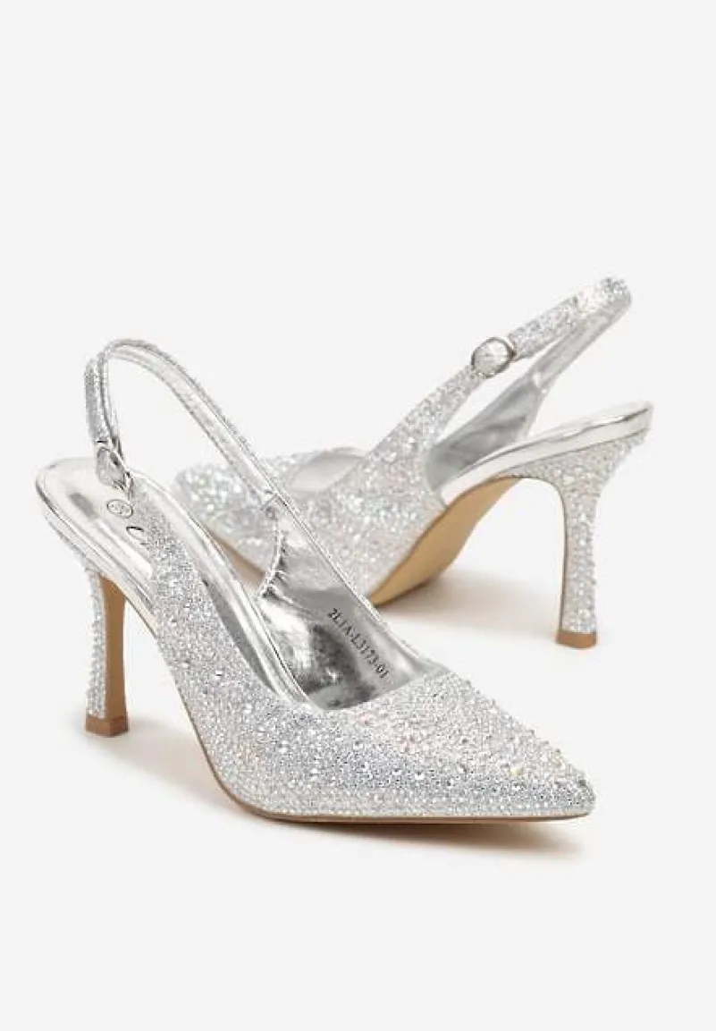 Srebrne Sandały na Obcasie z Ozdobnymi Cyrkoniami i Szpiczastym Noskiem Rivasella