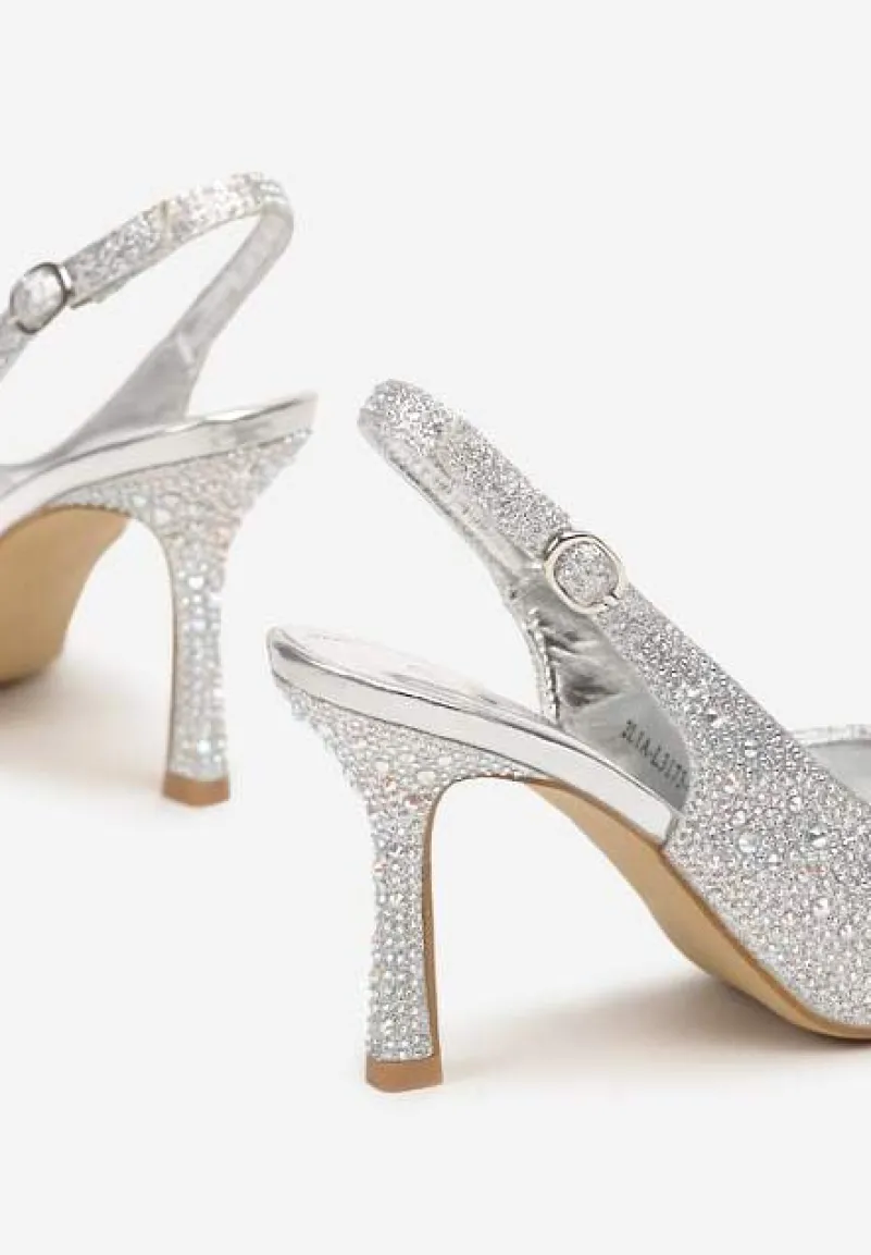 Srebrne Sandały na Obcasie z Ozdobnymi Cyrkoniami i Szpiczastym Noskiem Rivasella