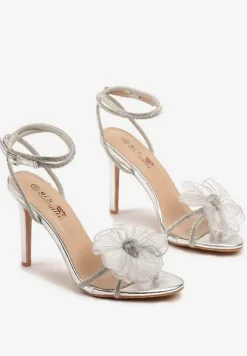 Srebrne Sandały na Obcasie z Aplikacją w Kształcie Kwiatu Zdobione Cyrkoniami Frolene