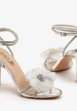 Srebrne Sandały na Obcasie z Aplikacją w Kształcie Kwiatu Zdobione Cyrkoniami Frolene