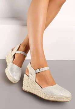 Srebrne Sandały na Plecionym Koturnie w Stylu Espadryli z Noskiem z Ekoskóry Beonira
