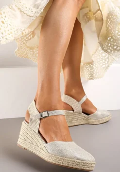 Srebrne Sandały na Plecionym Koturnie w Stylu Espadryli z Noskiem z Ekoskóry Beonira