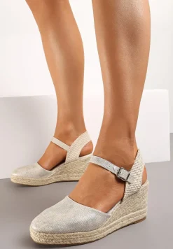 Srebrne Sandały na Plecionym Koturnie w Stylu Espadryli z Noskiem z Ekoskóry Beonira