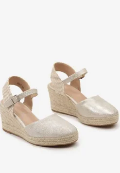 Srebrne Sandały na Plecionym Koturnie w Stylu Espadryli z Noskiem z Ekoskóry Beonira