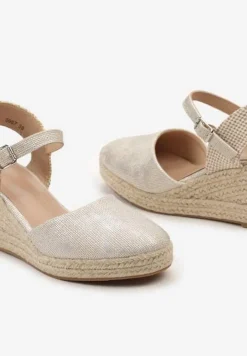 Srebrne Sandały na Plecionym Koturnie w Stylu Espadryli z Noskiem z Ekoskóry Beonira